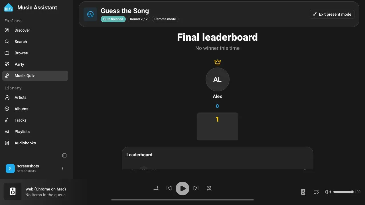 The final Music Quiz leaderboard in Present mode