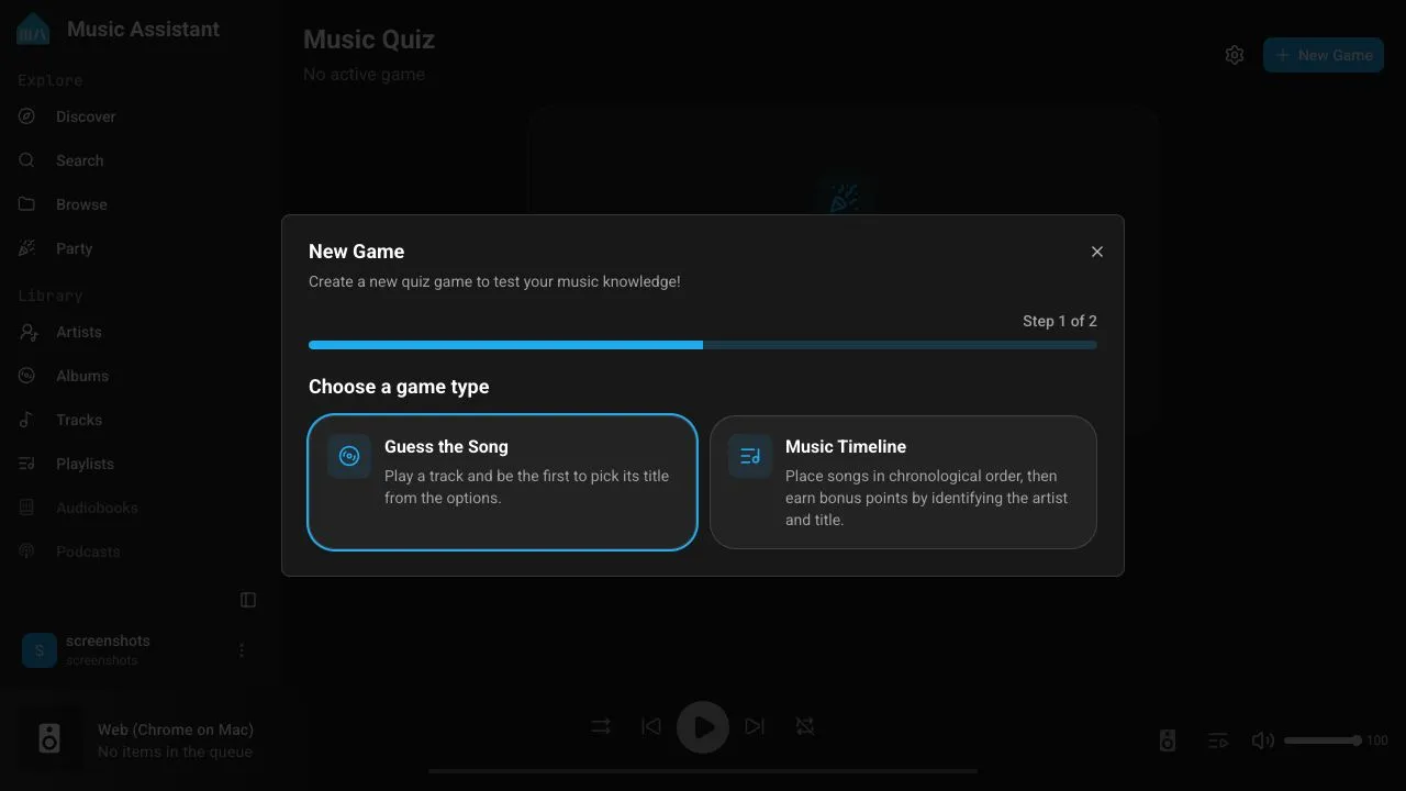 Choose between Guess the Song and Music Timeline when creating a game