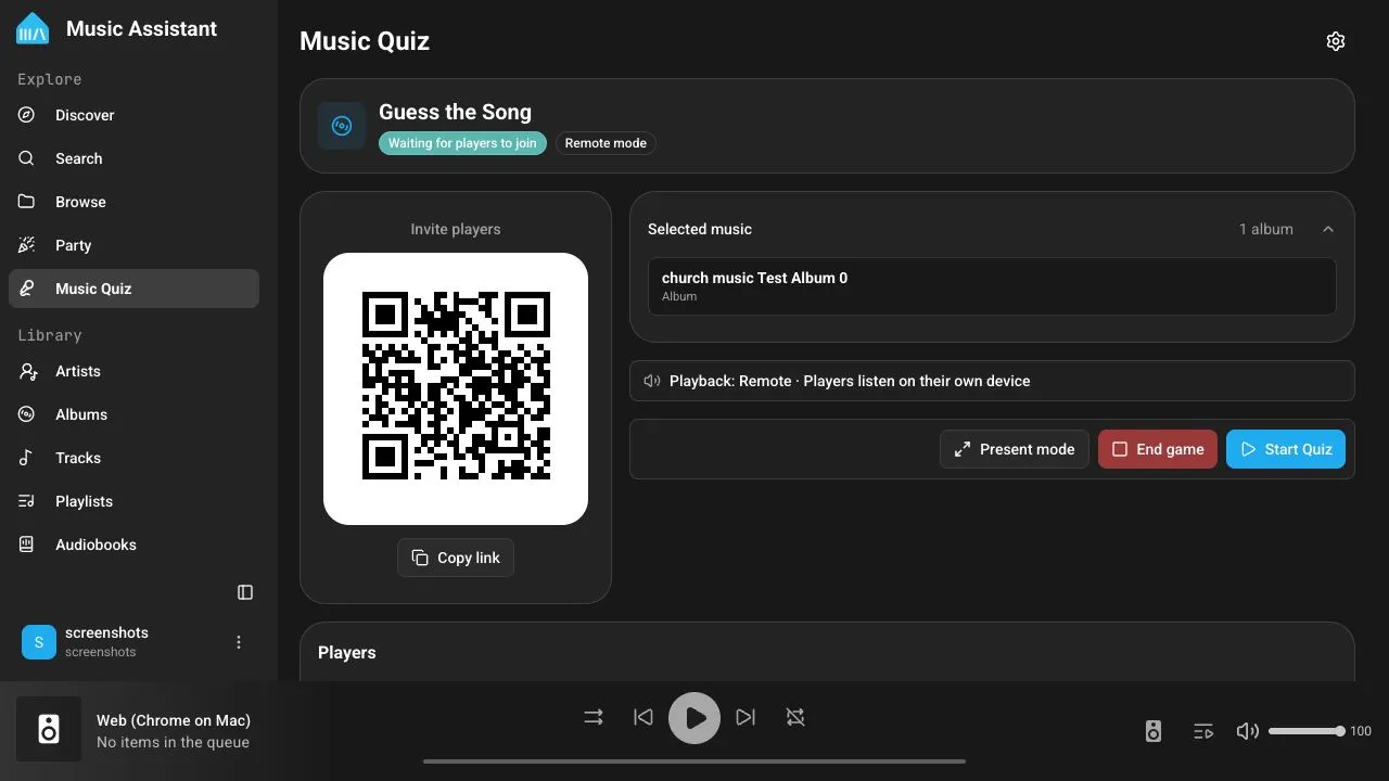 The host lobby with its join QR code, selected music, and game controls