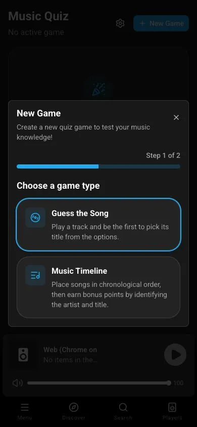 The Music Quiz game type picker on a phone