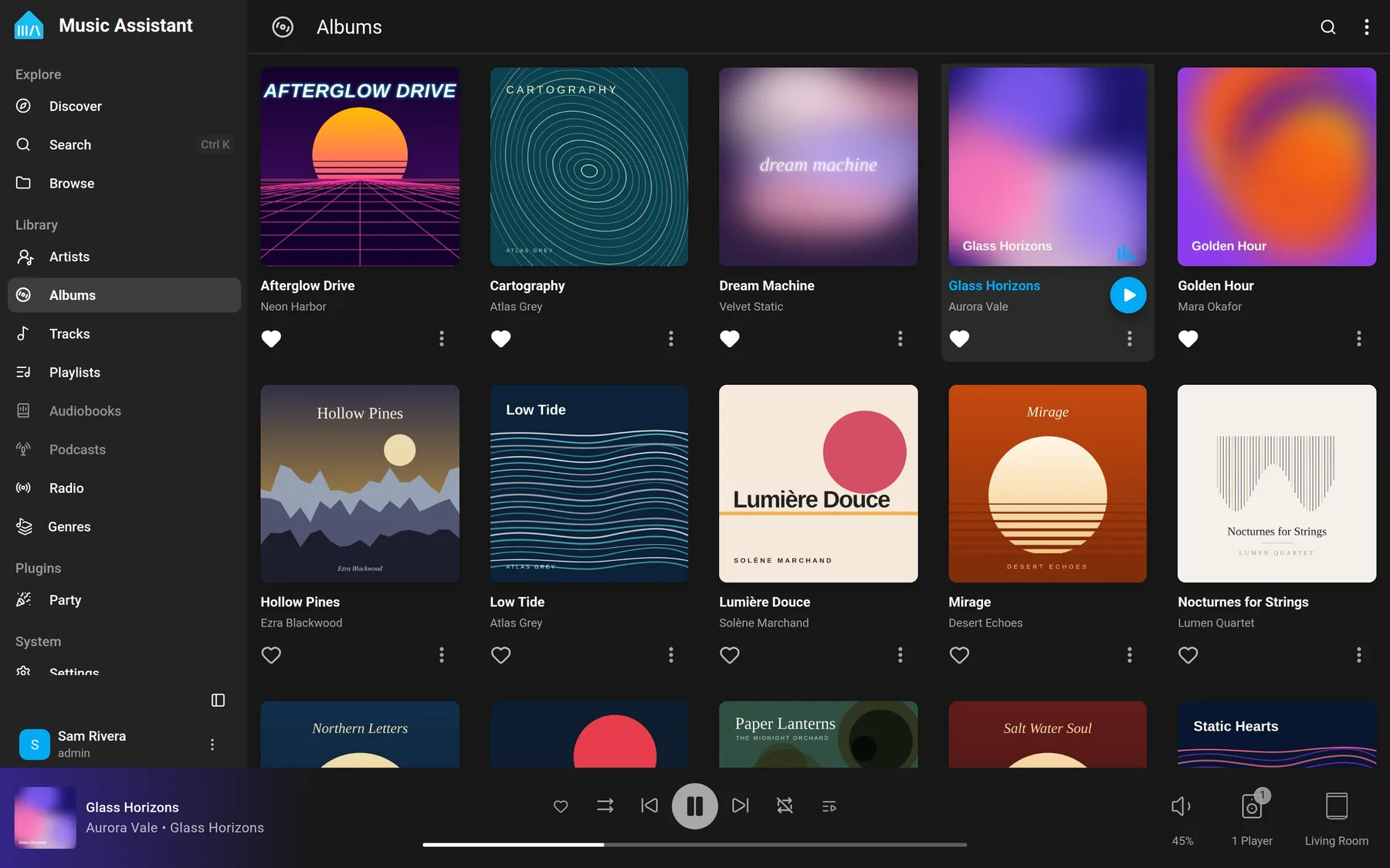 The album library in Music Assistant, a grid of album covers