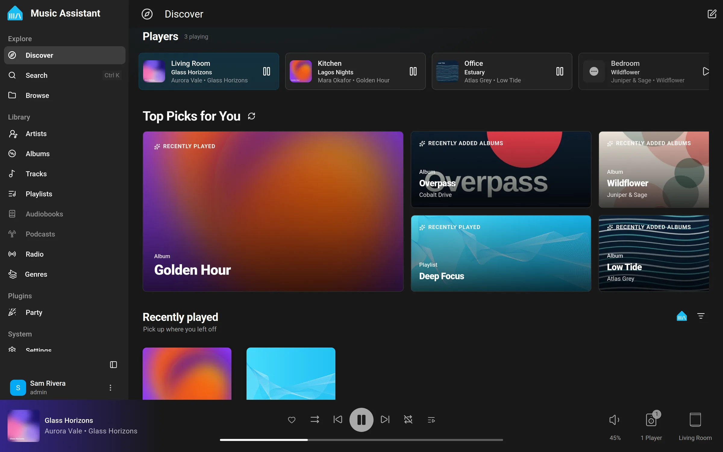 Music Assistant's Discover screen: speakers playing in different rooms, top picks and recently played music