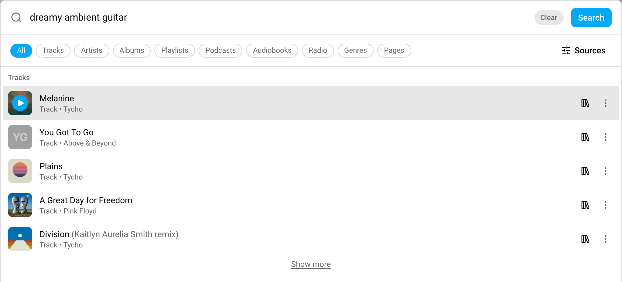 Free-text search returning matching tracks for "dreamy ambient guitar"