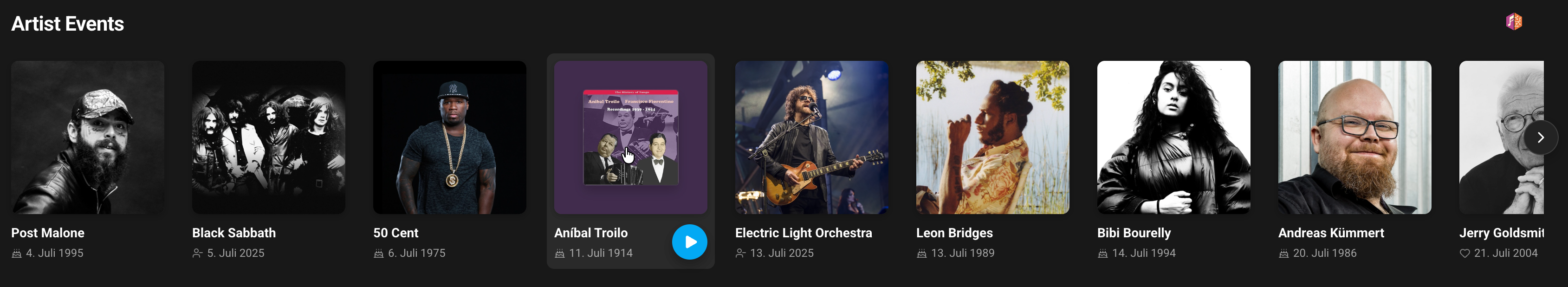 Artist Events recommendation showing timeline of events