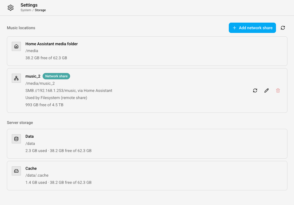 The Storage page with the Home Assistant media folder and a network share