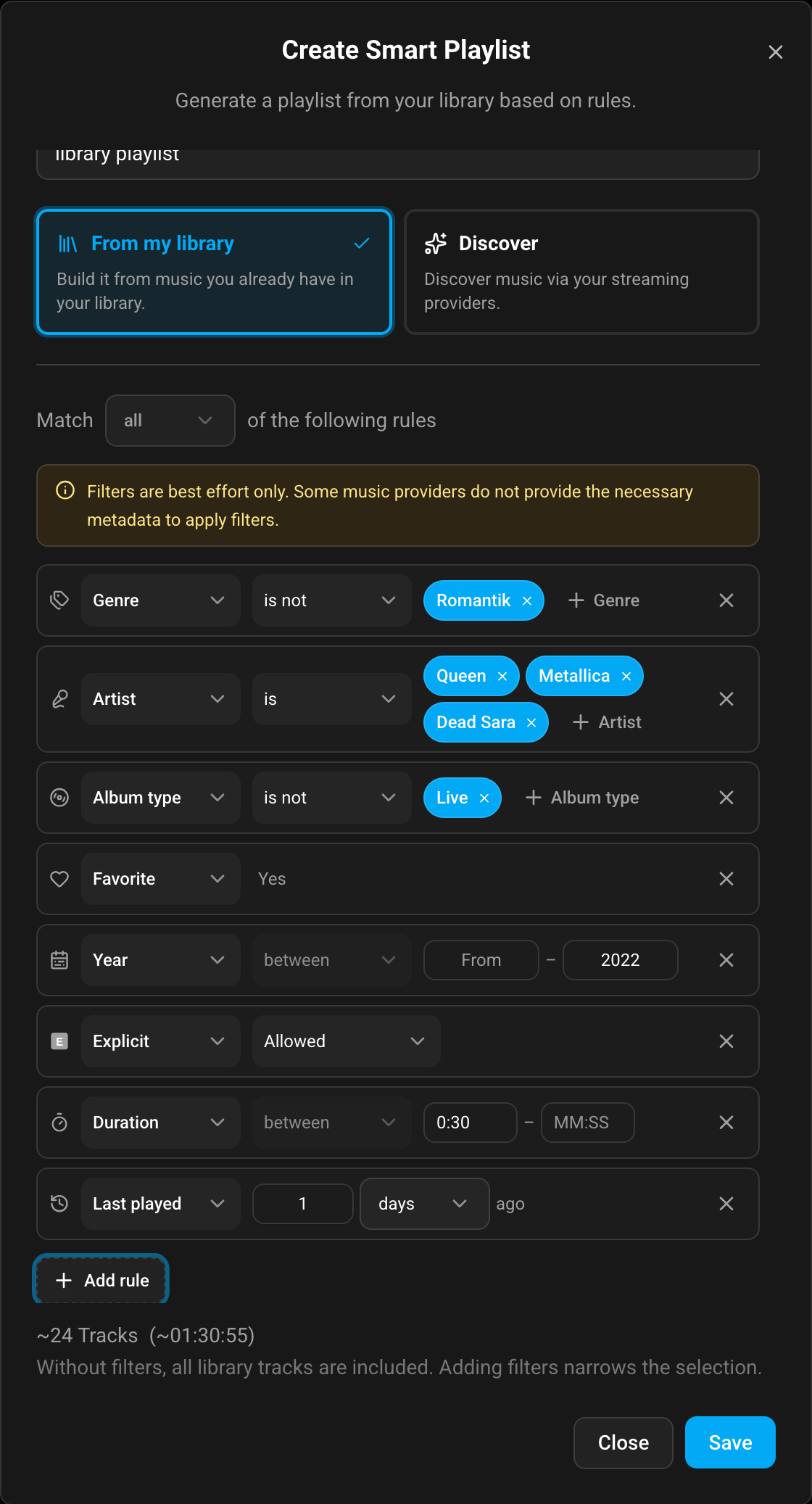Create Smart Playlist dialog (From my library / rule-based mode)