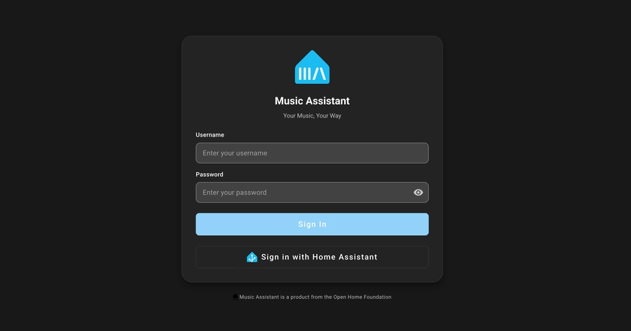 Screenshot of the Music Assistant app with it's new login functionality